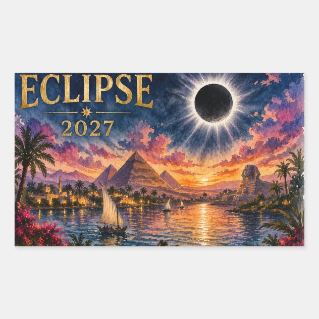 Pegatina Rectangular Eclipse Total Solar 2027 Egipto (Anverso)