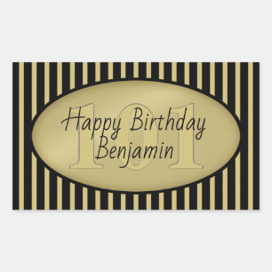 Pegatina Rectangular Edad sutil Black and Gold Stripe Feliz cumpleaños