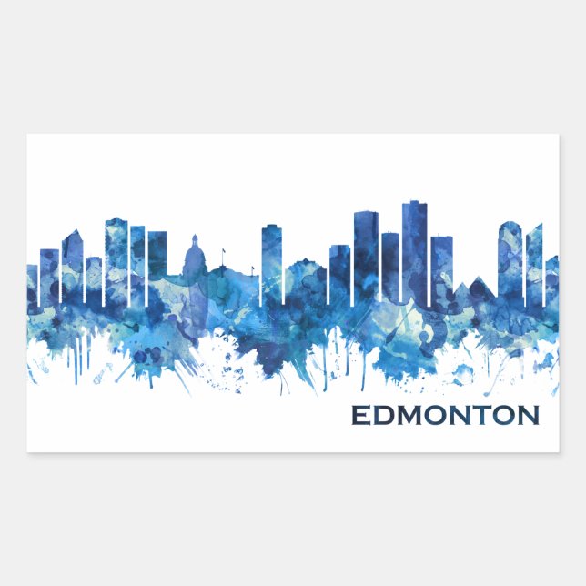Pegatina Rectangular Edmonton Canada Skyline Blue (Anverso)