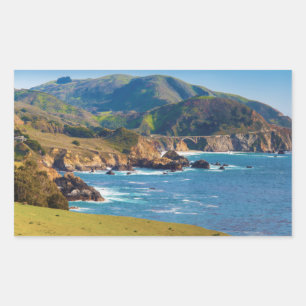 Pegatina Rectangular EE.UU., California. Panorama De Big Sur Con Bixby
