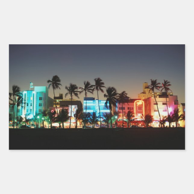 Pegatina Rectangular EE.UU., Florida, Miami Beach, Ocean Drive, Art Dec (Anverso)