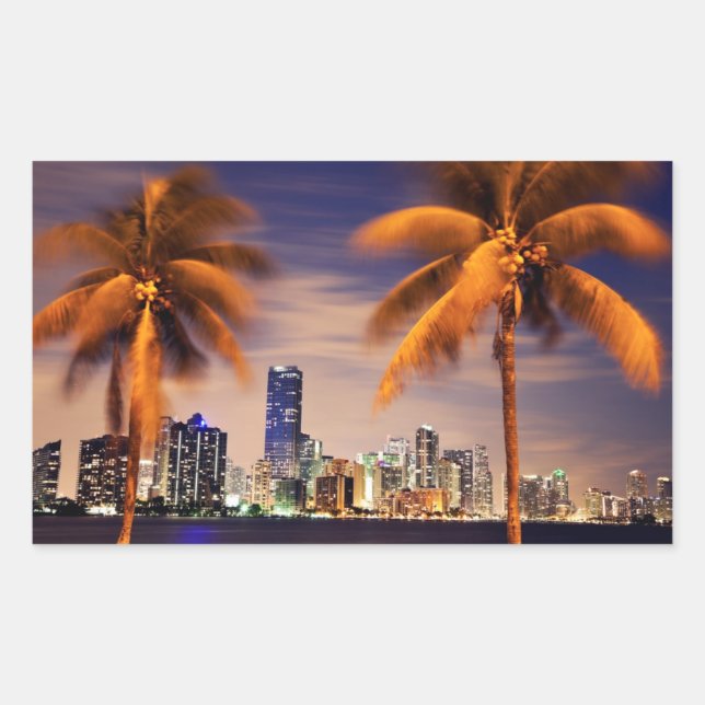 Pegatina Rectangular EE.UU., Florida, Miami skyline al atardecer (Anverso)