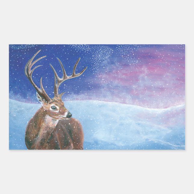 Pegatina Rectangular El Cervus Elaphus de ciervo rojo y el paisaje inve (Anverso)
