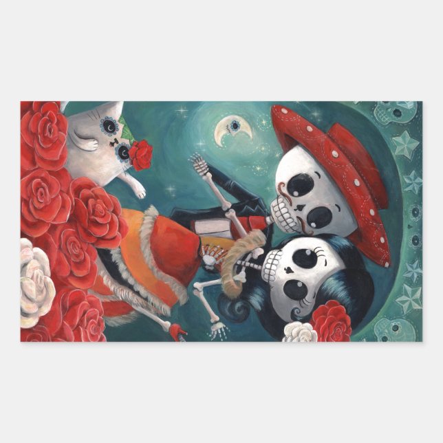 Pegatina Rectangular El día de los amantes del esqueleto muertos (Anverso)