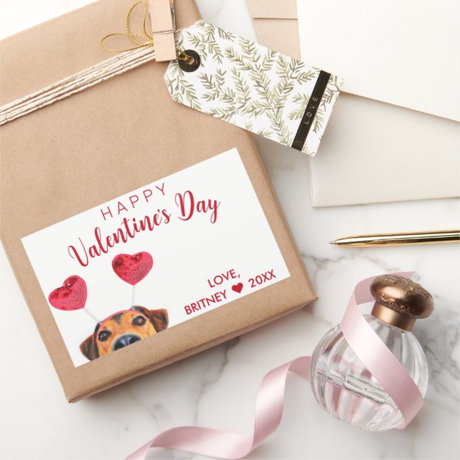 Pegatina Rectangular El día de San Valentín Cute Gracioso Perro Corazón (Regalar)