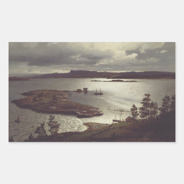 Pegatina Rectangular El fiordo de Sandvik de Hans Gude (Anverso)