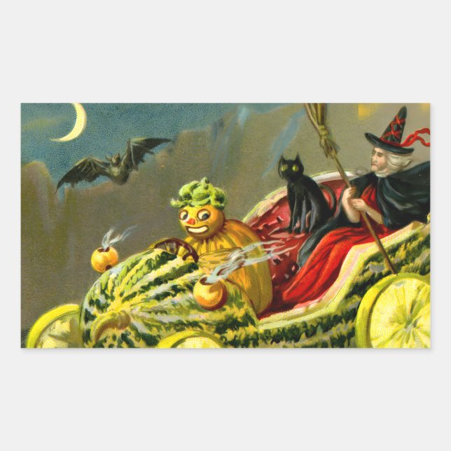 Pegatina Rectangular El gato negro y la bruja de Halloween (Anverso)