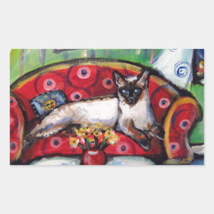 Pegatina Rectangular El gato siamés siente una pintura sonriente del ga
