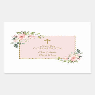 Pegatina Rectangular El oro floral rosa encantador, primera comunión sa