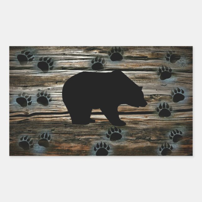 Pegatina Rectangular El oso negro traza madera rústica (Anverso)