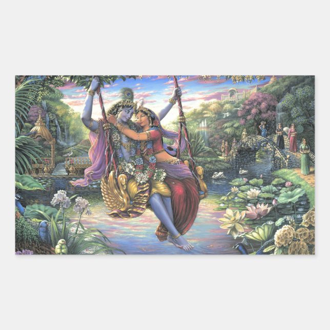 Pegatina Rectangular El paso de las alas - Radha y Krishna (Anverso)