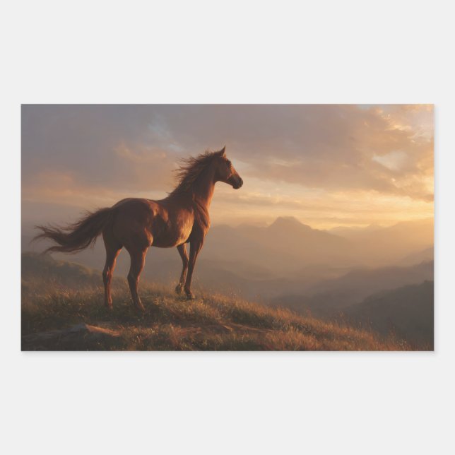 Pegatina Rectangular El salvaje Mustang mirando el atardecer (Anverso)