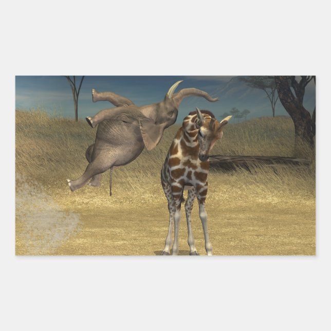 Pegatina Rectangular Elefante salta por la jirafa (Anverso)