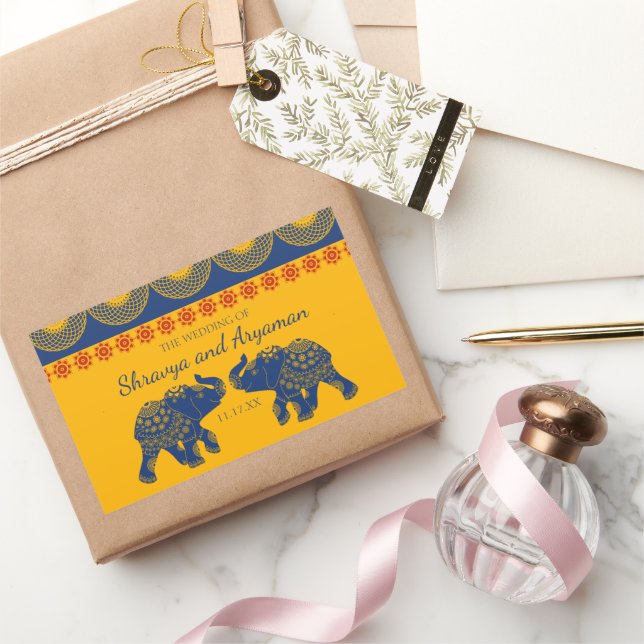 Pegatina Rectangular Elefantes con temática india en Boda azul real (Regalar)