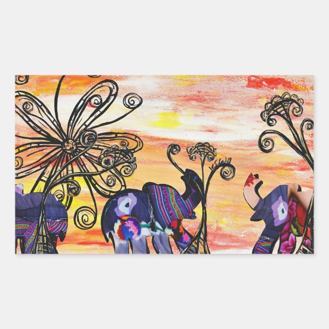 Pegatina Rectangular Elefantes de la India (Anverso)