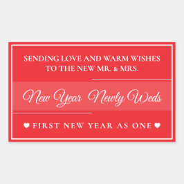 Pegatina Rectangular  Elegant Red & White “New Year Newlyweds”