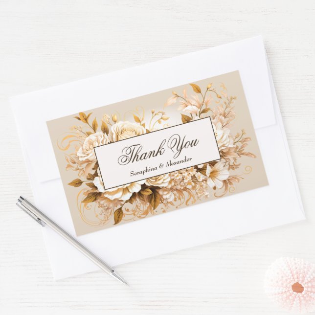 Pegatina Rectangular Elegante Agradecimiento de Boda Floral en Oro e Ma (Sobre)