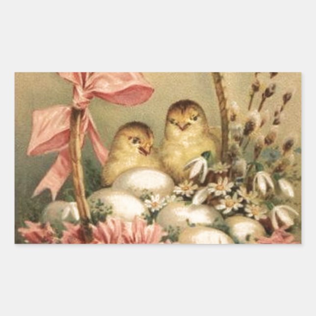 PEGATINA RECTANGULAR ELEGANTE BAHILLA, POLLOS, FLORES Y HUEVOS ORIENTAL (Anverso)