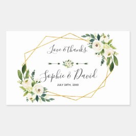 Pegatina Rectangular Elegante Boda de marco dorado floral verde blanco