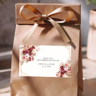 Pegatina Rectangular Elegante Boda Floral Burgundy Geométrico de Oro