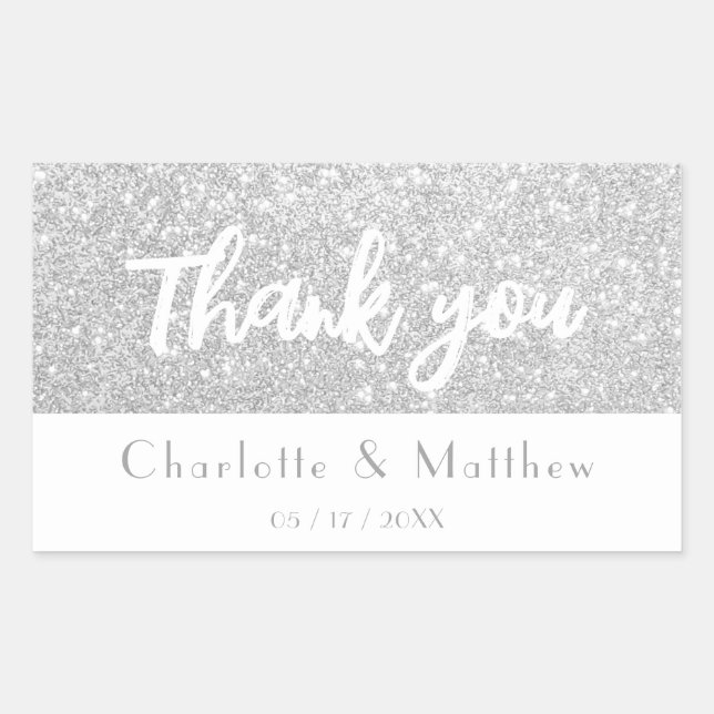 Pegatina Rectangular Elegante Boda Purpurina Sparkle Silver (Anverso)