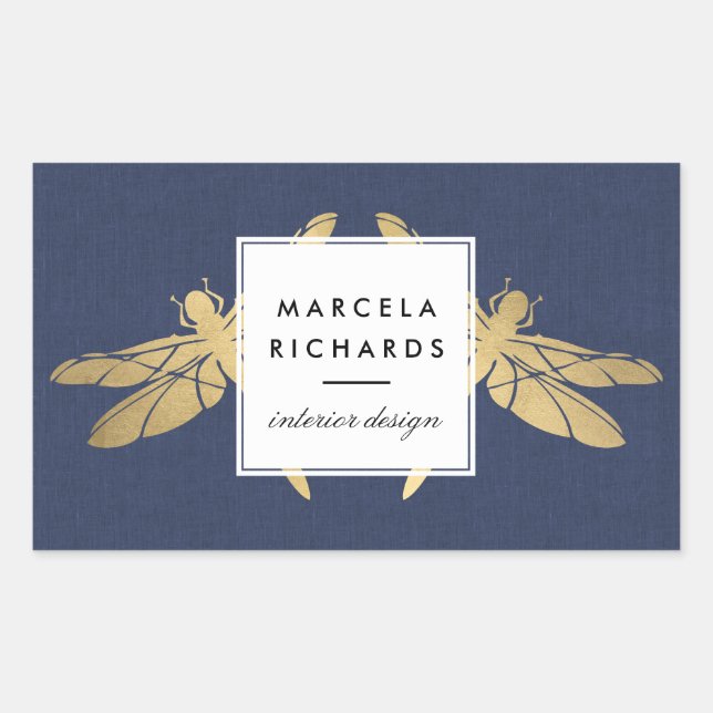 Pegatina Rectangular Elegante dúo Faux Gold Dragonfly en línea naval (Anverso)