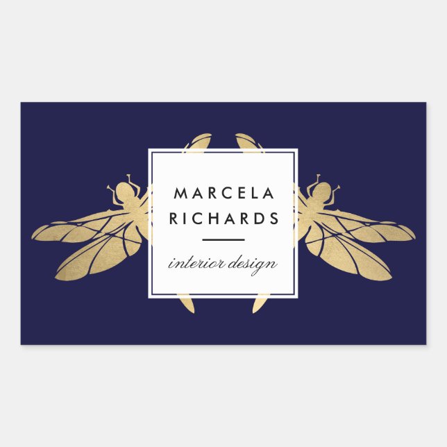 Pegatina Rectangular Elegante dúo Faux Gold Dragonfly sobre la Marina O (Anverso)