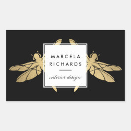 Pegatina Rectangular Elegante dúo Faux Gold Dragonfly sobre negro