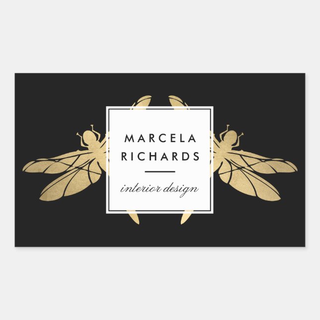 Pegatina Rectangular Elegante dúo Faux Gold Dragonfly sobre negro (Anverso)
