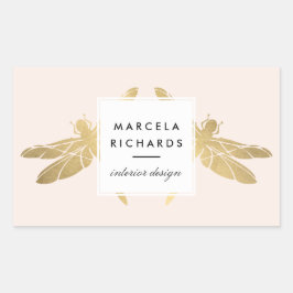 Pegatina Rectangular Elegante dúo Faux Gold Dragonfly sobre rosa