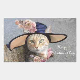 Pegatina Rectangular ELEGANTE GATO CON GRAN GORRA DIVA, ROSES PINK Vale