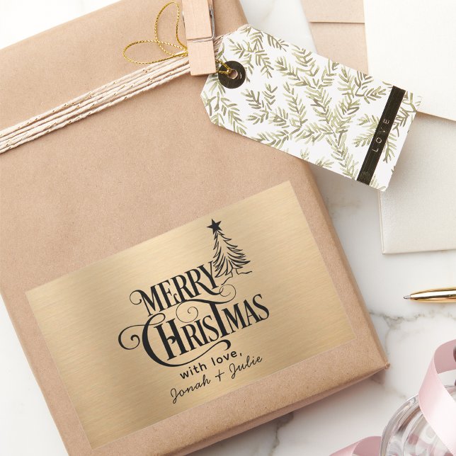 Pegatina Rectangular Elegante guión de navidad de oro y moras negras (Subido por el creador)