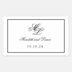 Pegatina Rectangular Elegante Monograma Guión blanco y negro