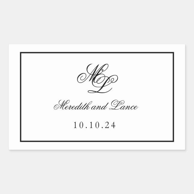 Pegatina Rectangular Elegante Monograma Guión blanco y negro (Anverso)