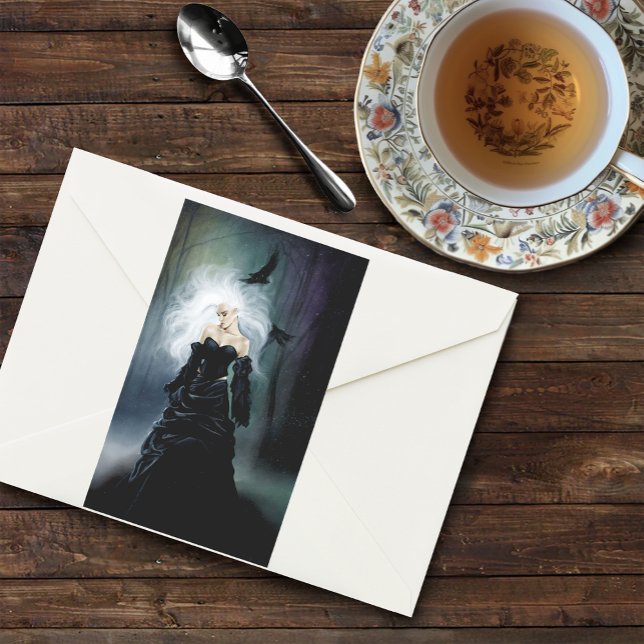 Pegatina Rectangular Elegante Mujer Mística Gótica Negra Cuervos Niebla (Subido por el creador)