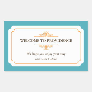 Pegatina Rectangular Elegante naranja fronterizo azul fuera de la ciuda