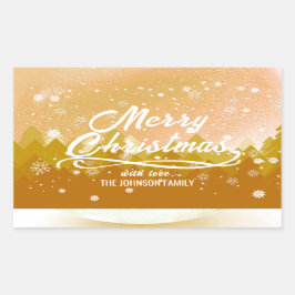 Pegatina Rectangular Elegante Oro Pacífico Bosque de Nieve Feliz Navida
