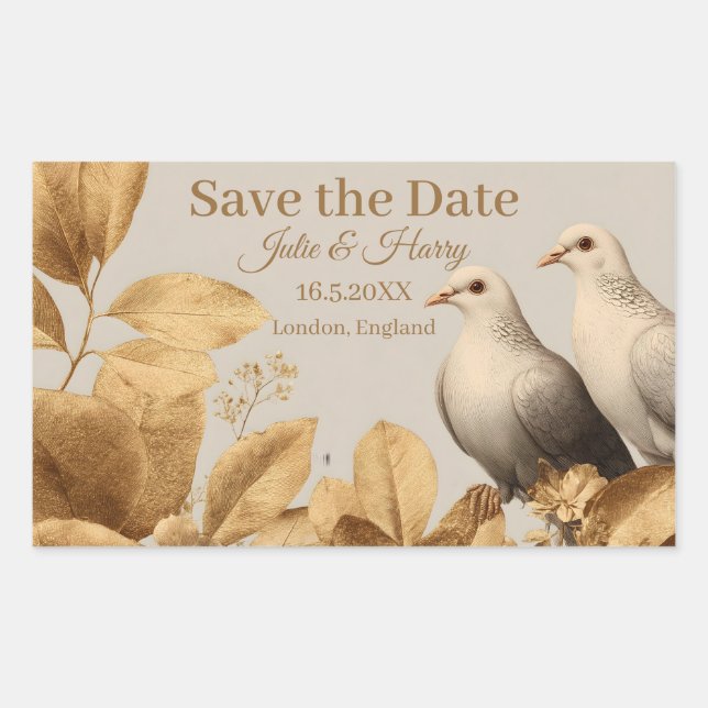 Pegatina Rectangular Elegante Pareja de Palomas con Hoja de Oro Save th (Anverso)