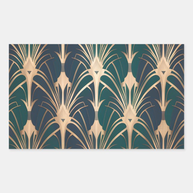 Pegatina Rectangular Elegante patrón Art Deco en oro y verde esmeralda (Anverso)