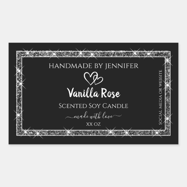 Pegatina Rectangular Elegante Purpurina de plata negra Estrellas de pro (Anverso)