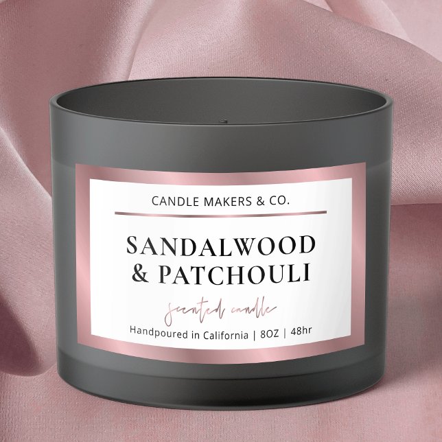 Pegatina Rectangular Elegante Rosa metálico de bronce con velas de oro (Rose gold and white large rectangle candle label)