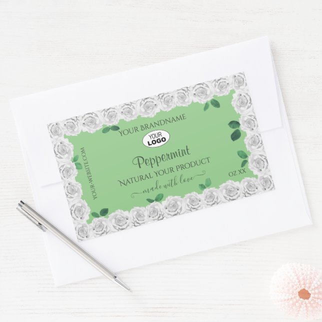 Pegatina Rectangular Elegante Sage Green Product Labs White Roses Logo (Sobre)