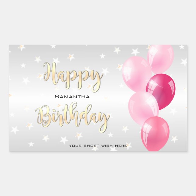Pegatina Rectangular Elegante Starry Happy Birday and Pink Balloons (Anverso)