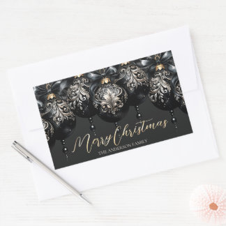 Pegatina Rectangular Elegantes Navidades de lujo en baubles en negro y