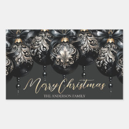 Pegatina Rectangular Elegantes Navidades de lujo en baubles en negro y 