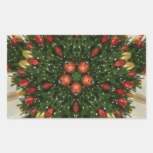 Pegatina Rectangular Elegantes Navidades Wreath Red Green Kaleidoscópic (Anverso)