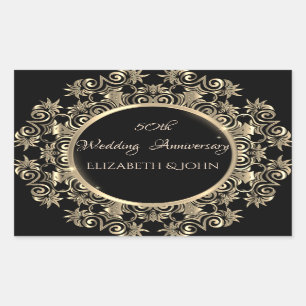 Pegatina Rectangular Elegantes Remolinos de Oro Aniversario