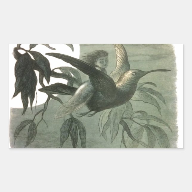 Pegatina Rectangular Elf Fairies Elves Moon Night Scene Bird Flying (Anverso)