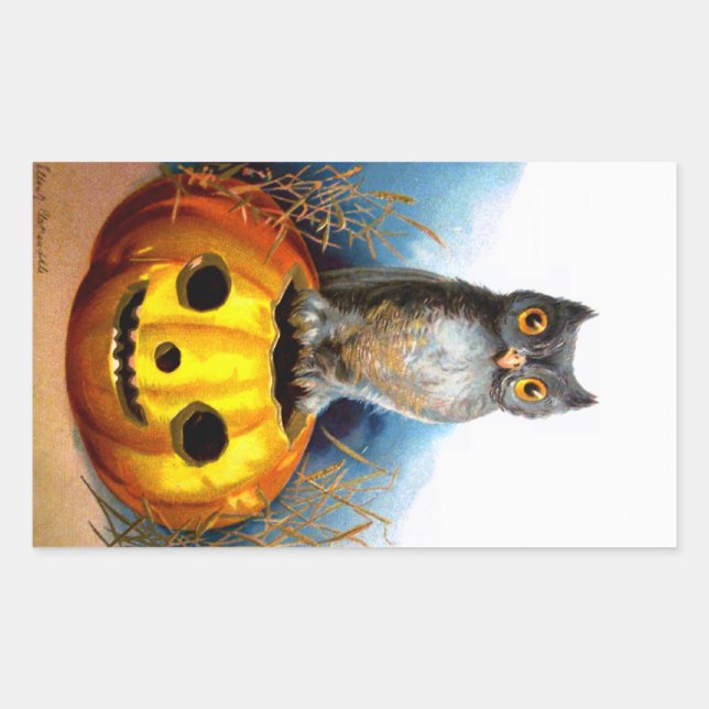Pegatina Rectangular Ellen H. Clapsaddle: Lechuza Halloween (Anverso)