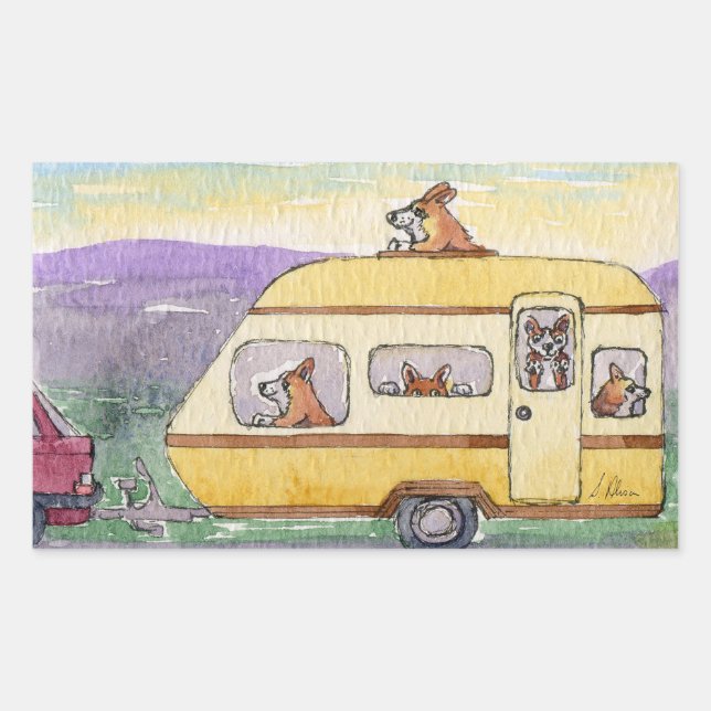 Pegatina Rectangular En sus vacaciones - Perros Corgi en una caravana (Anverso)